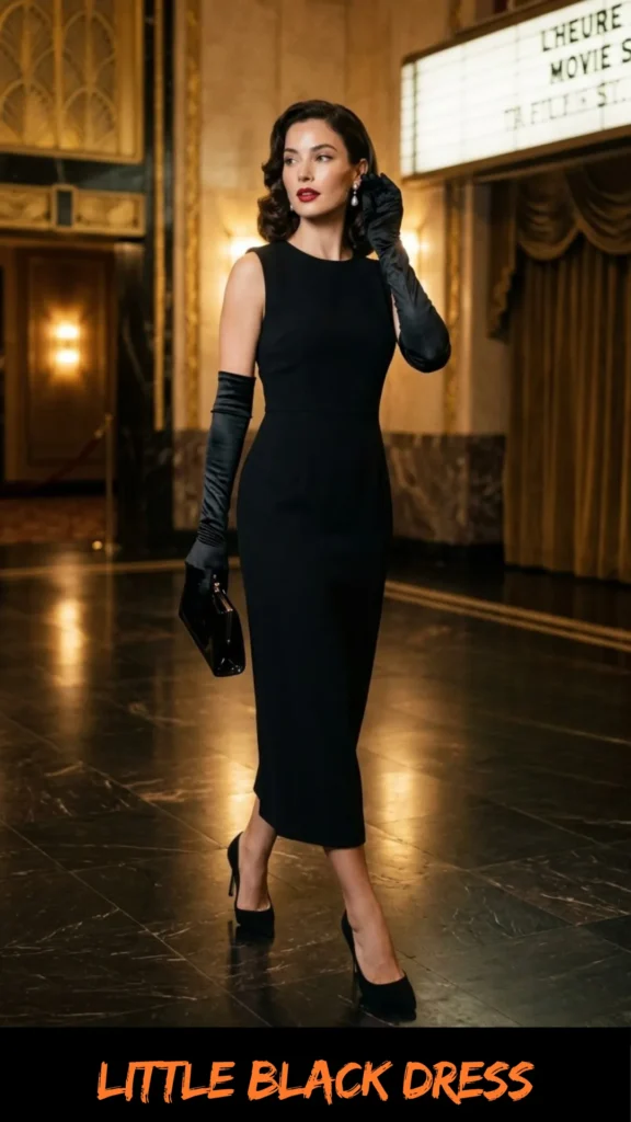 A fashion graphic featuring a woman with vintage Hollywood-style wavy hair walking through a retro theater lobby with polished dark floors. She is wearing a classic sleeveless black midi dress, long black satin opera gloves, black high-heel pumps, and pearl drop earrings. She carries a small black patent leather clutch in one hand and touches her cheek with the other. The background features warm lighting from golden wall sconces and a glowing vintage movie marquee. Orange text at the bottom reads "LITTLE BLACK DRESS".