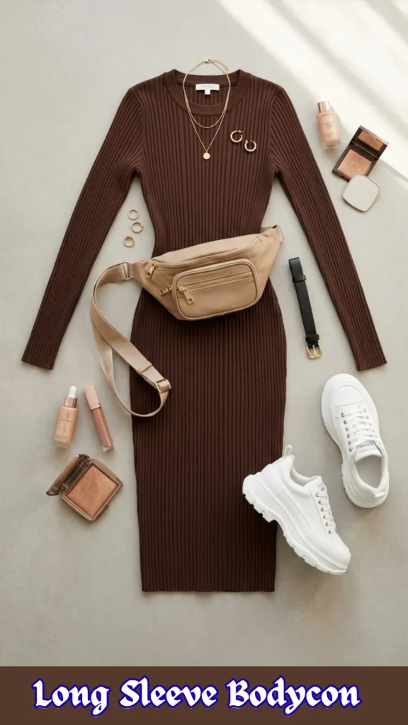 A high-angle flat lay fashion layout showcasing a casual and sporty autumn outfit from Long Sleeve Bodycon 1.webp. Set against a neutral gray background, the capsule wardrobe features a dark brown ribbed long sleeve bodycon midi dress as the centerpiece. It is styled with a beige nylon belt bag draped diagonally across the middle, thick-soled white chunky sneakers, and a black leather watch. Minimalist accessories include a layered gold pendant necklace and matching gold hoop earrings, laid out alongside daily beauty essentials like a foundation bottle, lip gloss, and bronzer compact.