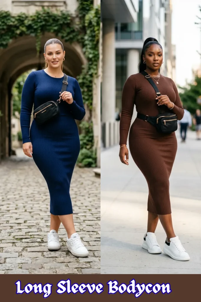 A two-panel vertical collage highlighting sporty, hands-free fashion inspiration from _Long Sleeve Bodycon 2.webp. The left panel showcases a woman standing on a cobblestone pathway wearing a navy blue ribbed long sleeve bodycon midi dress styled with a black nylon belt bag worn across her chest and clean white sneakers. The right panel features a black woman standing on a city sidewalk wearing a dark brown ribbed long sleeve bodycon dress with a black belt bag fastened around her waist. This practical wardrobe guide offers chic and slimming everyday outfit ideas for running errands comfortably.
