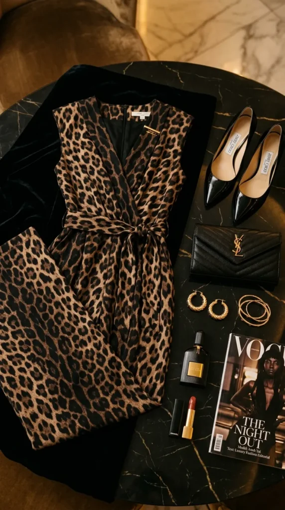A high-angle flat lay fashion layout featuring a sleeveless leopard print jumpsuit with a wrap-style surplice bodice and a matching fabric tie belt at the waist. The jumpsuit is laid out on a plush black fabric over a dark, gold-veined marble table. Arranged to the right are upscale, classic accessories: shiny black patent leather pointed-toe pumps, a black quilted leather chevron clutch with a gold designer logo, chunky twisted gold hoop earrings, and a stack of thin gold bangles. Completing the night-out ensemble are a luxury black and gold perfume bottle, an open tube of red lipstick, and a Vogue magazine cover featuring a model with the headline "The Night Out."