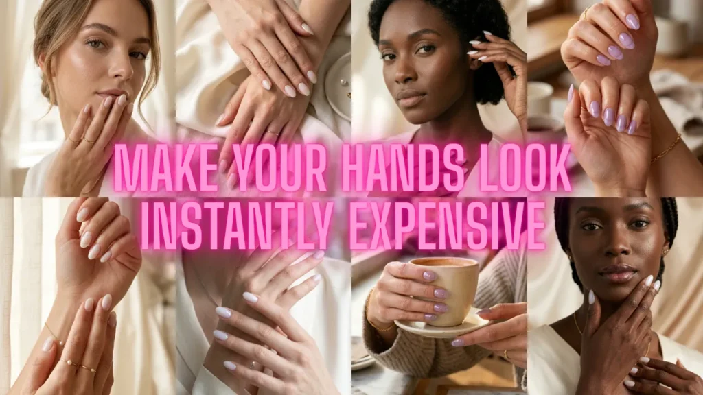 An eight-panel image collage grid showcasing diverse women displaying clean, minimalist "soap nails" and "jelly nails" manicures in sheer, translucent shades like milky white, soft pink, and sheer lavender. Across the center of the image, bold pink overlay text reads "MAKE YOUR HANDS LOOK INSTANTLY EXPENSIVE." The various panels highlight different hand poses, showing the high-shine, glossy finishes of the nails against cream silk, neutral backdrops, and while holding a ceramic coffee cup.