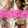 An eight-panel image collage grid showcasing diverse women displaying clean, minimalist "soap nails" and "jelly nails" manicures in sheer, translucent shades like milky white, soft pink, and sheer lavender. Across the center of the image, bold pink overlay text reads "MAKE YOUR HANDS LOOK INSTANTLY EXPENSIVE." The various panels highlight different hand poses, showing the high-shine, glossy finishes of the nails against cream silk, neutral backdrops, and while holding a ceramic coffee cup.
