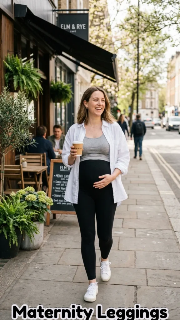 A smiling pregnant woman walking down a city sidewalk with a coffee, modeling High-Waisted Maternity Leggings + Oversized Button-Down. She wears "high-waisted maternity leggings" with a supportive panel, paired with a "grey thin tank" and an "oversized white button-down shirt" worn open. The look is styled with "clean white sneakers," illustrating one of the most "comfortable pregnancy outfits" for errands or coffee dates. This image from Maternity Leggings.webp highlights a practical yet intentional maternity style.