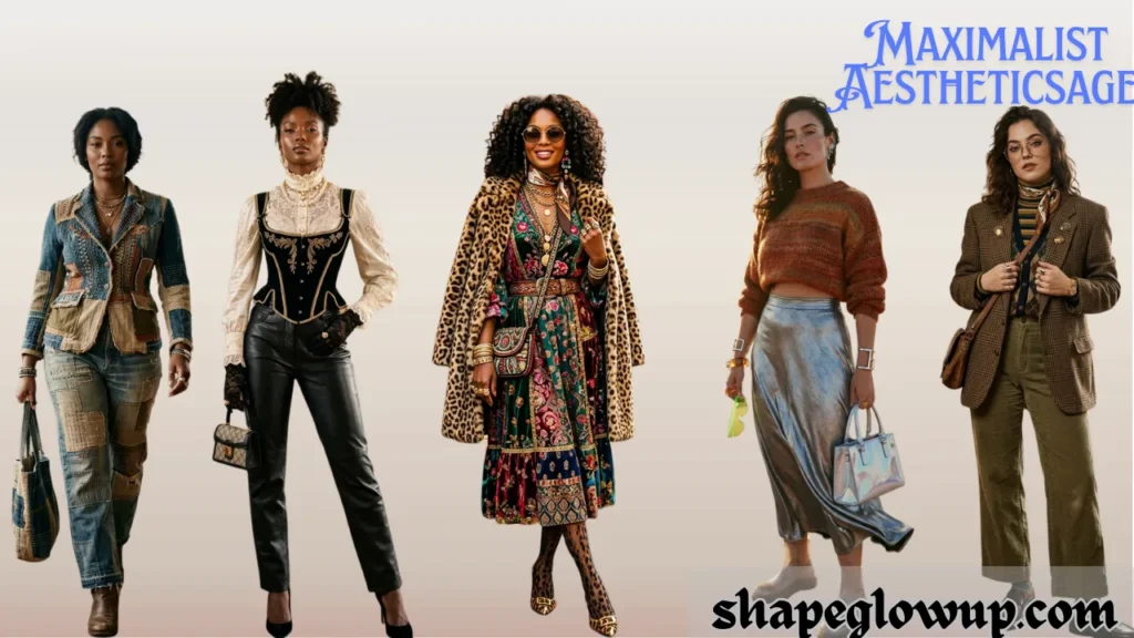 A master fashion roundup image displaying five distinct trends from the "Maximalist Aesthetics" list on a neutral gradient background. From left to right, five women model unique styles: a "Boro-Max" look featuring a heavily patched denim blazer and matching jeans; a "Rococo Revival" outfit showing a gold-embroidered black velvet corset over a cream lace blouse with tight leather pants; a "Clutter Core" style featuring an oversized leopard-print coat draped over a jewel-toned patchwork dress; a futuristic "Cyber Del Sol" aesthetic with a metallic silver skirt and a rust-colored knit sweater; and an "Eclectic Grandpa" look displaying a brown plaid tweed blazer layered with an argyle knit vest and green corduroy trousers. Blue text in the top right reads "Maximalist Aesthetics 2026," with shapeglowup.com at the bottom right.