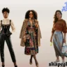 A master fashion roundup image displaying five distinct trends from the "Maximalist Aesthetics" list on a neutral gradient background. From left to right, five women model unique styles: a "Boro-Max" look featuring a heavily patched denim blazer and matching jeans; a "Rococo Revival" outfit showing a gold-embroidered black velvet corset over a cream lace blouse with tight leather pants; a "Clutter Core" style featuring an oversized leopard-print coat draped over a jewel-toned patchwork dress; a futuristic "Cyber Del Sol" aesthetic with a metallic silver skirt and a rust-colored knit sweater; and an "Eclectic Grandpa" look displaying a brown plaid tweed blazer layered with an argyle knit vest and green corduroy trousers. Blue text in the top right reads "Maximalist Aesthetics 2026," with shapeglowup.com at the bottom right.