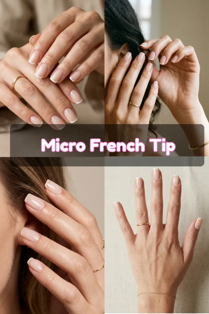  A four-quadrant photo collage showcasing minimalist squoval and round nails with a micro French tip design. The nails feature a clean, glossy nude base coat with an ultra-thin, precise white line painted along the very edge of the nail tips. The hands are accessorized with delicate, thin gold rings and are elegantly posed touching hair or resting naturally. A translucent dark banner runs across the center of the image, featuring rounded white text with a pink outline that reads "Micro French Tip".