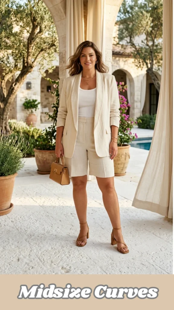 A smiling midsize woman standing in a sunlit stone courtyard with a pool, modeling the Midsize Curves: Linen Blazer + Tailored Shorts formula. She wears a matching cream linen set consisting of a relaxed-fit blazer over a white tank top and tailored shorts with a 5-7 inch inseam hitting just above the knee. The look, representing spring outfits 2026 trends, is accessorized with a tan top-handle bag, gold jewelry, and tan block-heel sandals, showcasing "intentional proportions" that add structure while remaining fresh.