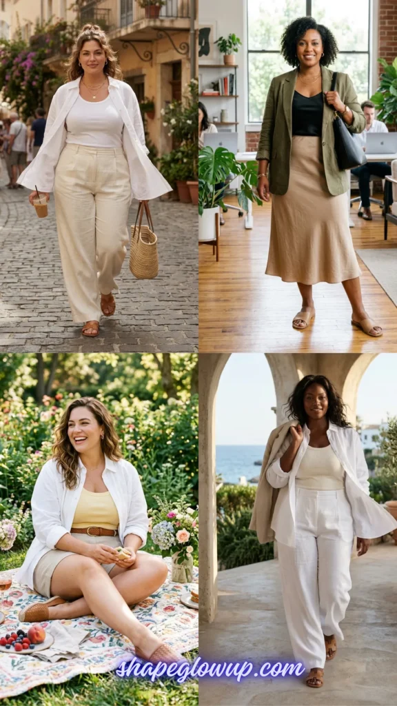 Collage of four minimalist summer outfits for curves, including linen trousers, silk midi skirts, and relaxed blazers in neutral tones like olive, cream, and sand. Text at the bottom reads "shapeglowup.com".