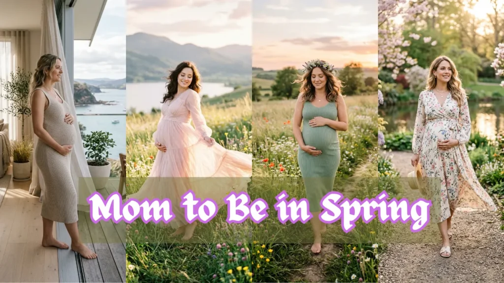 A four-panel horizontal collage titled "Mom to Be in Spring" featuring diverse maternity photoshoot spring outfit ideas. From left to right: a neutral ribbed knit midi dress on a coastal balcony; a flowing blush pink tulle maxi dress in a mountain meadow; a fitted sage green ribbed dress with a flower crown in a wildflower field; and a cream floral wrap dress in a blooming garden. This visual guide from the file Mom to Be in Spring.webp showcases elegant and comfortable fashion options for expecting mothers during the spring season.