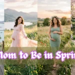 A four-panel horizontal collage titled "Mom to Be in Spring" featuring diverse maternity photoshoot spring outfit ideas. From left to right: a neutral ribbed knit midi dress on a coastal balcony; a flowing blush pink tulle maxi dress in a mountain meadow; a fitted sage green ribbed dress with a flower crown in a wildflower field; and a cream floral wrap dress in a blooming garden. This visual guide from the file Mom to Be in Spring.webp showcases elegant and comfortable fashion options for expecting mothers during the spring season.