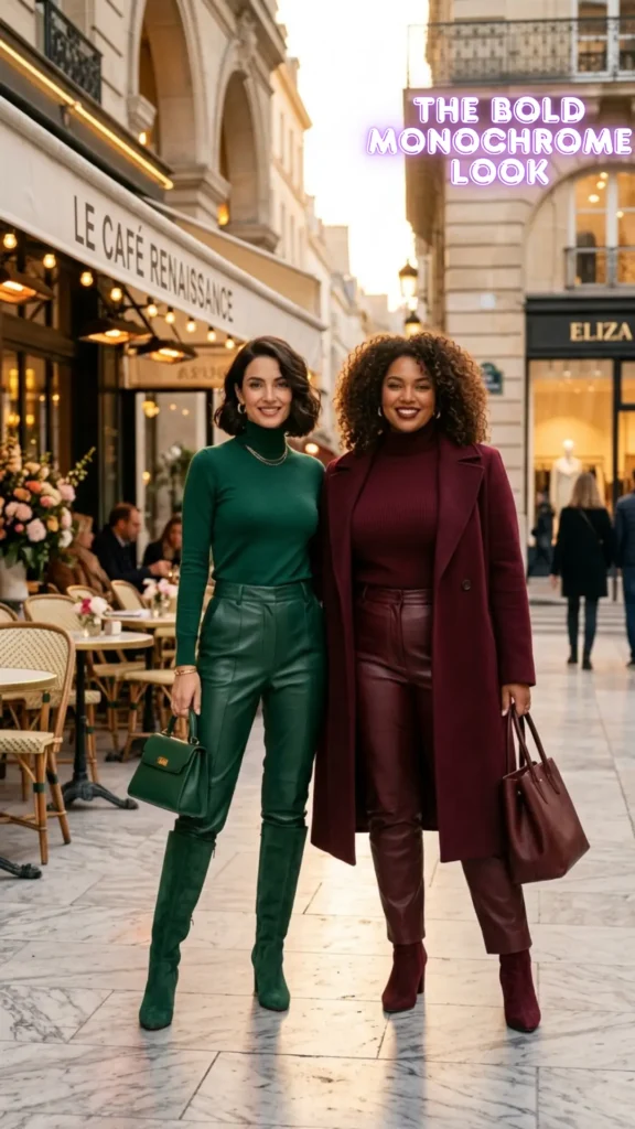 Two women showcasing The Bold Monochrome Look as part of Power Outfits That Give Instant Confidence (Any Size). On the left, a woman wears an emerald green turtleneck, leather trousers, suede boots, and a matching handbag. On the right, a woman models a rich burgundy monochromatic outfit featuring a long wool coat, ribbed turtleneck, and leather pants. They are standing on a European city street in front of a cafe at sunset, embodying the "Glow Tip" of mixing textures for depth.