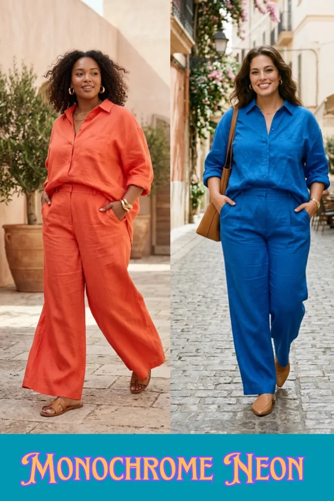 A side-by-side fashion comparison on a teal background featuring two vibrant monochrome linen outfits. On the left, a smiling woman walks outdoors in a bright coral-orange linen button-down shirt tucked into matching high-waisted wide-leg trousers, styled with thick gold hoop earrings, a gold bracelet, and flat brown leather sandals. On the right, a smiling woman walks down a cobblestone street wearing an electric blue linen button-down shirt tucked into matching blue wide-leg trousers, paired with a tan leather shoulder bag, gold earrings, and pointed-toe tan leather flats. Stylized purple and yellow text at the bottom reads "Monochrome Neon".