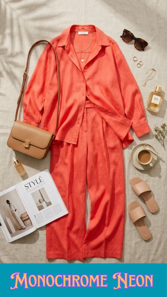 A high-angle fashion flat lay on a textured cream linen background featuring a vibrant outfit formula. At the center is a bright coral-orange linen button-down shirt paired with matching wide-leg trousers. Arranged around the set are nude slip-on flat sandals, a structured tan leather crossbody bag, tortoiseshell sunglasses, delicate layered gold necklaces, gold rings, an open "STYLÉ" magazine, a cup of coffee on a saucer, and a perfume bottle. Stylized purple and yellow text on a teal banner at the bottom reads "Monochrome Neon".