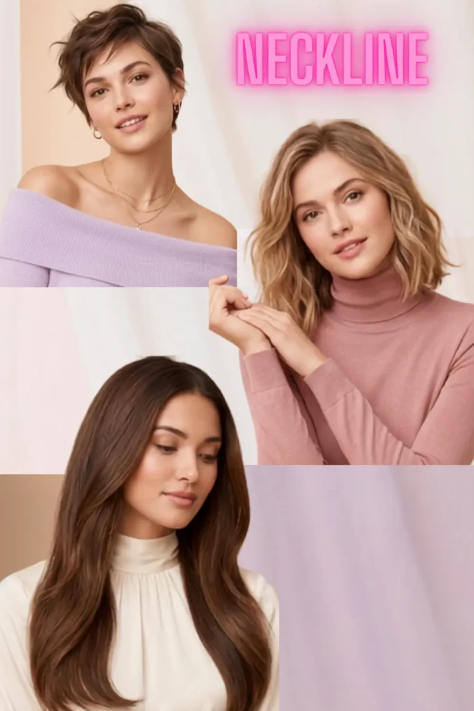 A fashion styling collage set against a soft, draped background in pastel tones, demonstrating how to match hairstyles with the correct necklines. In the top left, a woman with a short, textured brunette pixie cut smiles, wearing a lilac off-the-shoulder knit top that exposes her collarbone, accessorized with a delicate layered gold necklace. In the center right, a woman with a wavy, shoulder-length blonde lob poses with her hands together, wearing a mauve pink fitted turtleneck. In the bottom left, a woman with long, sleek dark brown hair parted down the middle looks downward, modeling a high-necked cream blouse with elegant pleated detailing along the collar. A glowing pink neon sign in the top right corner reads "NECKLINE".