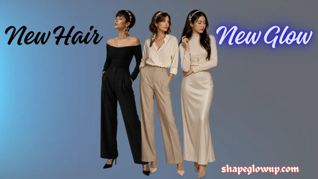 A fashion banner on a blue-to-grey gradient background showcasing three women with different hairstyles and coordinating chic outfits. On the left, a woman with a short pixie cut poses in a black off-the-shoulder top and matching wide-leg trousers, accessorized with bold gold jewelry. In the center, a woman with a wavy bob wears a silk cream button-down shirt tucked into pleated tan trousers, accented with a patterned hair scarf. On the right, a woman with long, sleek dark waves models a cream turtleneck maxi dress with a delicate gold pendant necklace. Stylized black text on the left reads "New Hair," while glowing purple-blue script text on the right reads "New Glow," with shapeglowup.com printed in the bottom right corner.