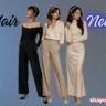 A fashion banner on a blue-to-grey gradient background showcasing three women with different hairstyles and coordinating chic outfits. On the left, a woman with a short pixie cut poses in a black off-the-shoulder top and matching wide-leg trousers, accessorized with bold gold jewelry. In the center, a woman with a wavy bob wears a silk cream button-down shirt tucked into pleated tan trousers, accented with a patterned hair scarf. On the right, a woman with long, sleek dark waves models a cream turtleneck maxi dress with a delicate gold pendant necklace. Stylized black text on the left reads "New Hair," while glowing purple-blue script text on the right reads "New Glow," with shapeglowup.com printed in the bottom right corner.