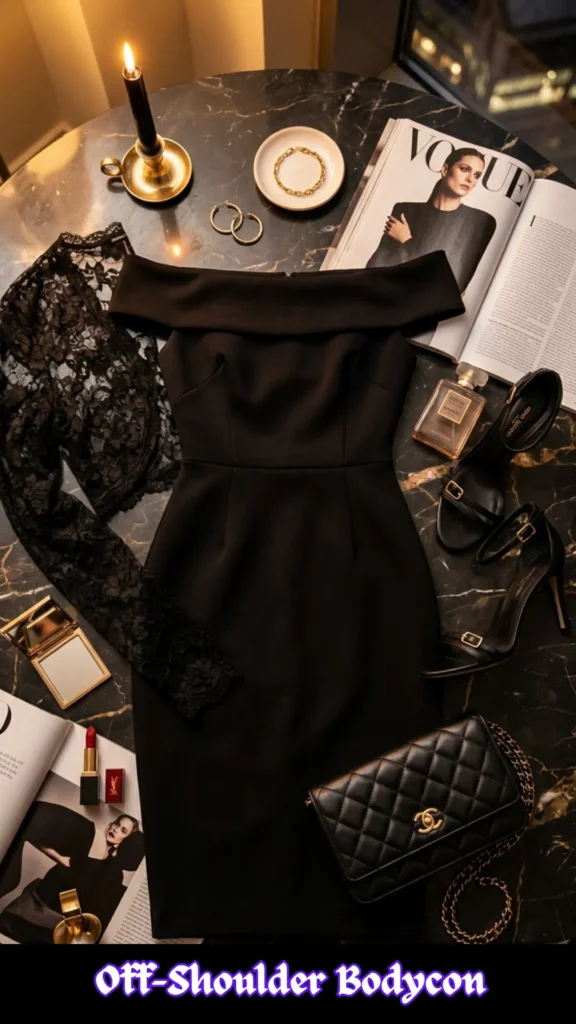 A high-angle flat lay fashion layout featuring a tailored black off-shoulder bodycon dress centered on a dark, gold-veined marble surface. Arranged around the dress are sophisticated date-night essentials, including a sheer black lace long-sleeve bolero jacket, strappy black high heels with gold buckles, and a black quilted chain-strap handbag. Glamorous accents include gold hoop earrings, a gold chain bracelet on a small white dish, a gold compact mirror, a luxury perfume bottle, and an open tube of bold red lipstick resting on a fashion magazine. The moody, elegant atmosphere is completed by an open Vogue magazine showing a model in black and a single lit black candle in a vintage gold holder.