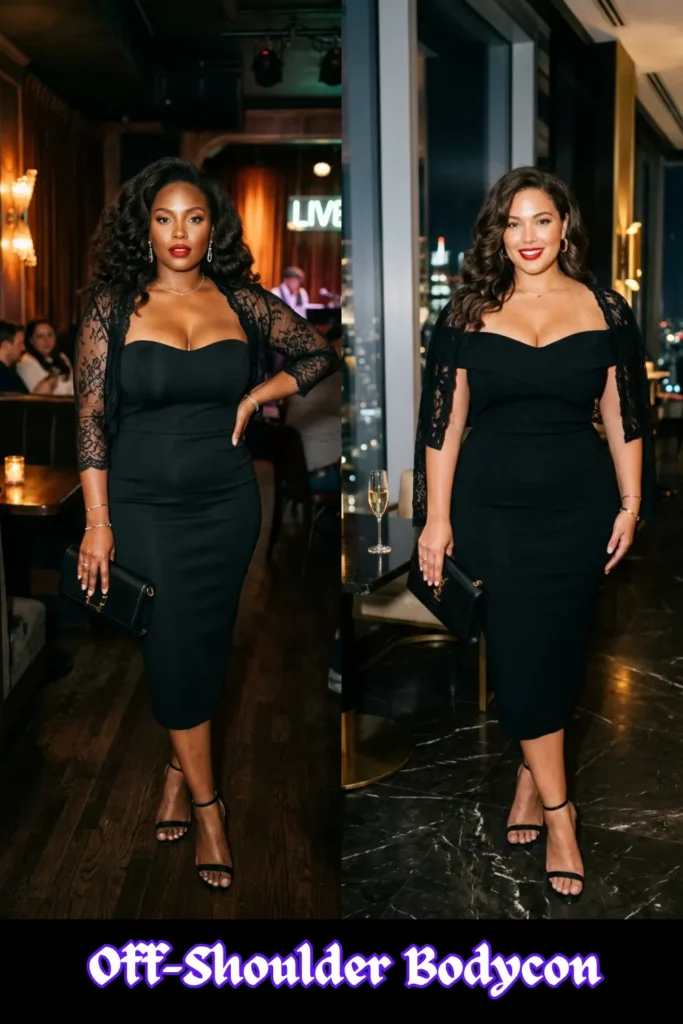 Two women posing side-by-side in matching chic date-night outfits featuring a fitted black off-shoulder bodycon dress that falls below the knee. Both women are wearing a black lace bolero jacket with sheer sleeves over the dress, paired with strappy black high heels, minimalist gold jewelry, and a classic bold red lip. On the left, a Black woman with voluminous, wavy dark hair stands in a jazz club with a live music stage visible in the background, holding a black clutch. On the right, a brunette woman with long, glamorous waves stands in a modern high-rise lounge with large windows overlooking a city skyline at night, holding a designer black clutch..