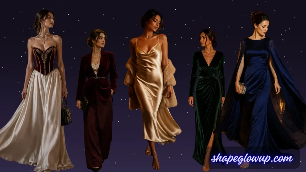 A fashion infographic collage showcasing the "Opera Aesthetic" on a dark purple background patterned with tiny white stars. The image features five women walking forward in dramatic, elegant evening wear. From left to right: a woman in a structural burgundy velvet corset with gold embroidery paired with a voluminous cream maxi skirt; a woman in a tailored burgundy velvet blazer cinched with a thin belt over matching wide-leg trousers; a woman in a shimmering champagne-gold satin bias-cut slip dress with a faux fur shrug draped over her arms; a woman in a deep emerald green velvet wrap maxi dress; and a woman in a majestic navy blue satin gown featuring a dramatic flowing shoulder cape.