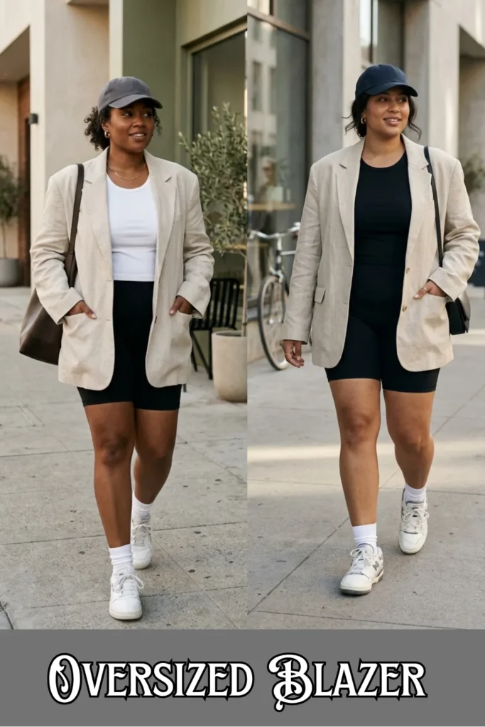 A side-by-side fashion comparison on a grey background showcasing two casual street style options for an oversized blazer and bike shorts look. On the left, a woman walks down a sidewalk in a loose beige linen blazer worn open over a white tank top and black bike shorts, accessorized with a grey baseball cap, a brown leather tote bag, white crew socks, and white sneakers. On the right, a woman models a similar look with the same beige blazer layered over a monochrome black top and black bike shorts combo, styled with a dark navy baseball cap, a black crossbody bag, white crew socks, and white sneakers. Stylized black and white text at the bottom reads "OVERSIZED BLAZER".