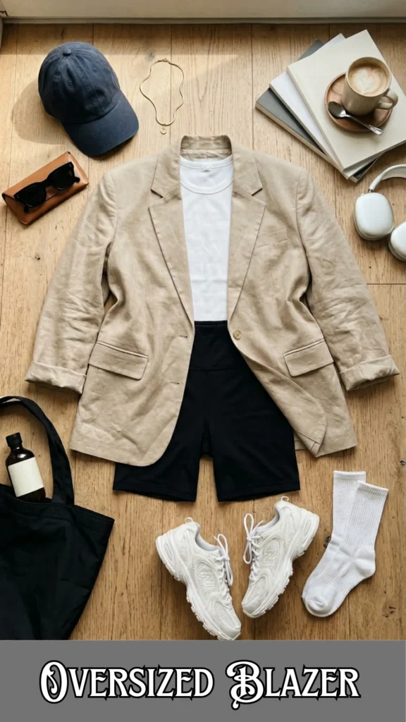 A high-angle fashion flat lay on a light wood floor background showcasing a casual athleisure outfit formula. At the center is a loose beige linen blazer laid over a simple white t-shirt and high-waisted black bike shorts. Arranged around the clothing are chunky white New Balance sneakers, white crew socks, a black tote bag, a dark blue baseball cap, sunglasses, a gold necklace, white headphones, a stack of books, and a coffee cup on a wooden saucer. Stylized black and white text on a grey banner at the bottom reads "OVERSIZED BLAZER".