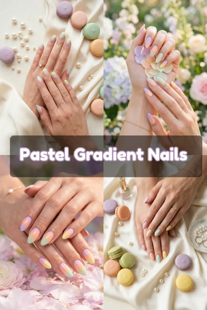  A four-quadrant photo collage showcasing almond-shaped pastel gradient nails with a dreamy ombré effect blending shades of lavender, mint, peach, and yellow. The panels feature hands elegantly posed over silk fabric, delicate pastel macarons, loose pearls, gold jewelry, a nail polish bottle, and soft-focus spring garden flowers. A translucent dark banner across the center features rounded white text outlined in purple that reads "Pastel Gradient Nails".