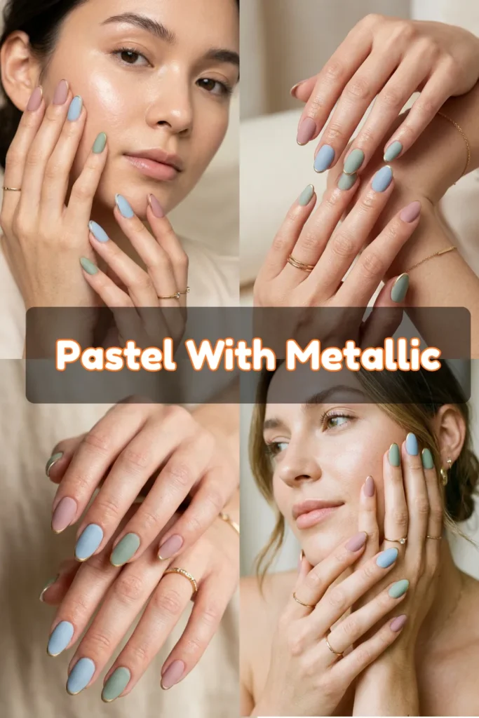 A four-quadrant photo collage showcasing an elegant, multi-colored pastel manicure with a matte finish on almond-shaped nails. The nail colors alternate between soft, muted shades of dusty rose pink, powder blue, and sage green. Each nail is outlined along the very top edge with an ultra-thin, gleaming metallic gold line. The panels display two models gently resting their hands near their faces and posing their fingers to highlight the velvet-textured polish and metallic contrast. A dark, translucent horizontal banner runs through the center with rounded white text outlined in orange that reads "Pastel With Metallic".