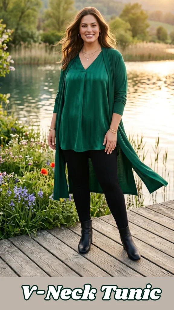 A smiling woman stands on a wooden dock by a lake, modeling the Apple Shape: V-Neck Tunic + High-Waisted Leggings formula. She wears a flowy, jewel-toned emerald green V-neck tunic with vertical texture paired with black high-waisted leggings and black ankle boots. To create a long "vertical line," she has added an open duster cardigan in the same emerald green color family. This "outfit inspo spring" look is designed to "cover the midsection comfortably" and create a "longer, leaner line" for those with an apple body shape.