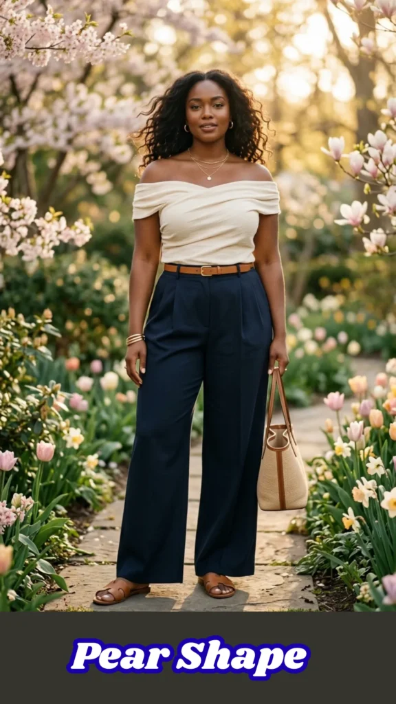 A woman modeling a flattering outfit for a Pear Shape: Off-Shoulder Top + Dark Wide-Leg Trousers while standing in a spring garden. She wears a cream off-shoulder top designed to "widen the upper half visually" paired with dark navy, flowing wide-leg trousers that "skim the lower body". The look is accessorized with a tan leather belt, leather slides, and a woven tote bag, illustrating how a "light on top, dark on bottom" combination creates perfect proportions for casual spring outfits.