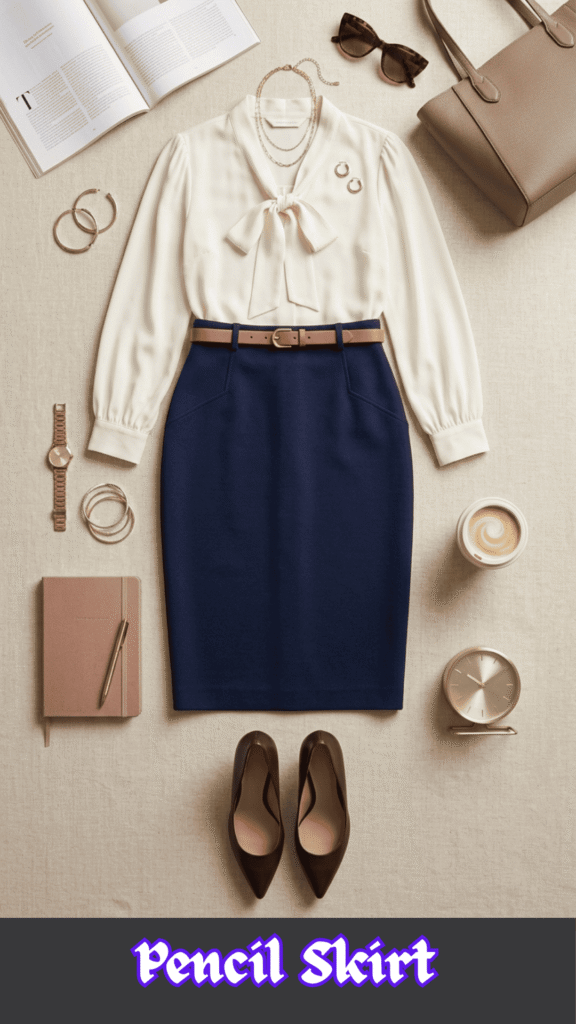 A flat-lay fashion layout on a neutral linen background featuring a classic, curve-friendly corporate outfit. In the center is a high-waisted navy blue pencil skirt cinched with a slim tan leather belt, paired with a tucked-in cream pussy-bow blouse that has long sleeves and elegant gathered cuffs. Polished office accessories surround the clothing, including dark brown pointed-toe leather pumps, a taupe leather tote bag, tortoiseshell sunglasses, a gold watch, gold bangles, and a cup of latte coffee. An open magazine, a rose-gold notebook with a pen, and a small gold desk clock frame the bottom of the arrangement. Below the layout, stylized purple text with a white border reads "Pencil Skirt."