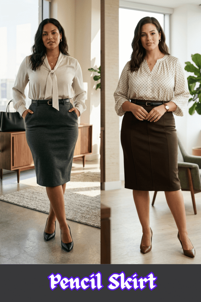 A side-by-side fashion comparison demonstrating how to style a pencil skirt and soft blouse for a curve-friendly, classic office look. On the left, a woman stands in a brightly lit corporate office wearing a knee-length, charcoal gray ponte pencil skirt with front pockets, cinched at the waist with a thin black belt. She pairs it with a cream-colored, long-sleeved pussy-bow blouse featuring a delicate polka dot print, completed with black pointed-toe stiletto heels. On the right, a curvy woman models a similar style formula, wearing a dark brown tailored pencil skirt with a thin black belt, a cream patterned V-neck blouse with three-quarter sleeves, and brown pointed-toe heels. At the bottom, stylized purple text with a white border reads "Pencil Skirt."