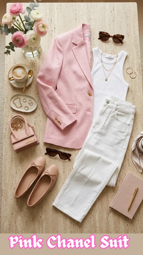 A flat-lay fashion layout on a textured beige surface displaying a day-friendly Barbiecore outfit inspiration. The curation includes a structured light pink linen blazer, a white ribbed halter tank top, and white straight-leg jeans. Chic accessories are arranged around the clothing, including nude pink ballet flats, a mini pink Jacquemus handbag with a gold chain, tortoiseshell sunglasses, gold layered necklaces, and small gold rings. A vase of pink and white ranunculus flowers, a cup of espresso, and a small pink notebook with a gold pen complete the elegant aesthetic. At the bottom, stylized pink text reads "Pink Chanel Suit."