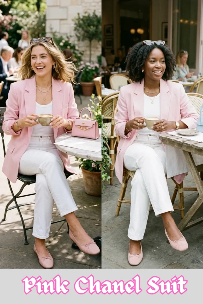 A side-by-side comparison image demonstrating an affordable, day-friendly interpretation of a pink blazer outfit. On the left, a smiling blonde woman sits at an outdoor cafe table, holding a coffee cup. She wears a soft pastel pink blazer over a white tank top and white straight-leg jeans, paired with pink ballet flats and a matching pink handbag. On the right, a smiling Black woman with dark, curly hair sits in a similar outdoor cafe setting, wearing the exact same outfit formula: a light pink blazer, white top, white pants, and pink flats, showcasing how the versatile Barbiecore brunch style looks chic on different individuals. At the bottom, stylized pink text reads "Pink Chanel Suit."