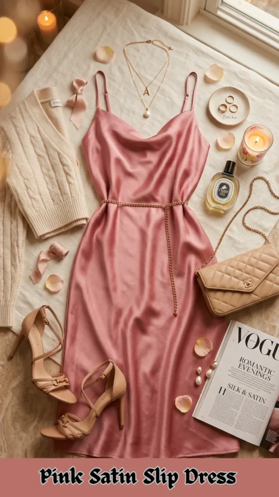 A flat lay fashion layout featuring a rose pink satin slip dress centered on a light neutral fabric background. The dress has thin adjustable straps, a cowl neckline, and a thin gold chain belt cinched at the waist. Accompanying items include a cream-colored cable-knit cardigan, nude strappy high heels, and a beige quilted chain strap handbag. Accessories like layered gold necklaces, gold rings on a small dish, and pearl earrings are scattered alongside a luxury perfume bottle, a lit candle, pink rose petals, and an open Vogue magazine showing a page titled "Romantic Evenings."