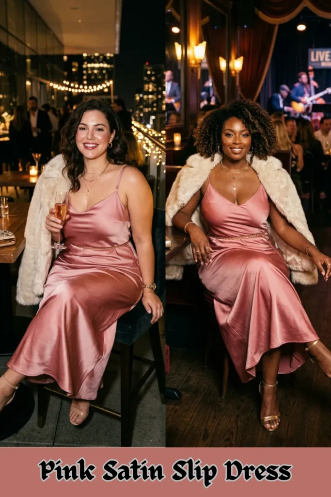 Two women wearing the same rose pink satin slip dress with thin straps, a subtle cowl neckline, and a delicate gold chain belt at the waist. Each woman has a plush, off-white faux fur jacket draped over her shoulders. On the left, a smiling woman with wavy brunette hair sits at an outdoor rooftop bar holding a champagne glass. On the right, a smiling Black woman with voluminous curly hair sits in a dimly lit indoor venue with a live band in the background. Both are wearing strappy high heels and minimal gold jewelry.