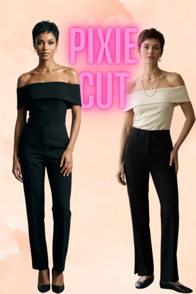 A fashion collage on a textured peach and cream background illustrating pixie cut fashion tips. It features two women with short pixie haircuts modeling elegant off-the-shoulder necklines that accentuate the neck and shoulders. On the left, a woman stands with a textured black pixie cut, wearing a sleek black off-the-shoulder top paired with matching tailored black trousers, pointed-toe heels, gold hoop earrings, and layered delicate gold necklaces. On the right, a woman with a slightly wispy brown pixie cut stands in a cream off-the-shoulder top tucked into black trousers, paired with black ballet flats, gold hoops, and identical layered gold chains. Hovering in the upper center is a bright, glowing pink neon sign that reads "PIXIE CUT".
