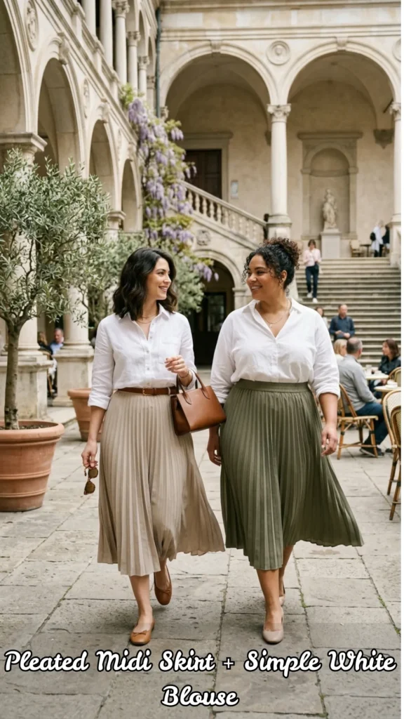 Two women of diverse sizes demonstrating The Pleated Midi Skirt + Simple White Blouse formula for Old Money Spring Outfits. The woman on the left wears a sage green pleated midi skirt with a tan leather belt and a cream knit top, while the woman on the right models a white button-down tucked into a beige linen set. They are walking through a sunlit European garden with a fountain and a coastal terrace. The outfits showcase "soft pleats" and a "universally flattering" midi length that "skims curves without clinging," accessorized with classic leather handbags and flat shoes.