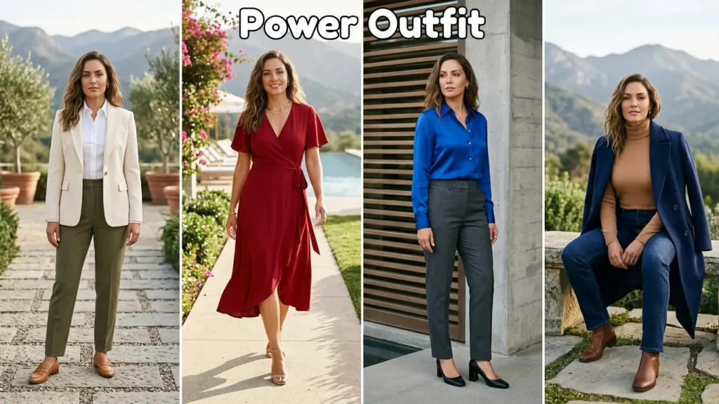 A four-panel collage showcasing diverse Power Outfits That Give Instant Confidence (Any Size). The first panel shows a cream blazer with olive trousers; the second, a flowing burgundy midi wrap dress; the third, a vibrant cobalt blue silk blouse with charcoal dress pants; and the fourth, an elevated casual look featuring a camel turtleneck under a long navy wool coat. The woman is pictured in a serene outdoor setting with mountains in the background, embodying a "lean and focused" silhouette.
