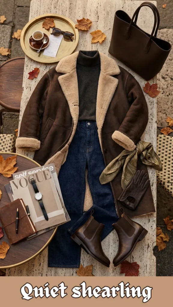 A luxurious autumn fashion flat-lay arranged on a stone patio table showcasing the "Quiet Shearling" aesthetic. Centered is a heavyweight, chocolate brown suede coat lined with thick cream fleece, layered over a charcoal gray turtleneck sweater and dark wash indigo blue jeans. Surrounding the outfit are high-end leather accessories: dark brown leather Chelsea boots, matching leather driving gloves, a structured espresso brown leather tote bag, and a green paisley silk scarf. A side table holds a copy of Vogue magazine, a leather-bound journal, an espresso cup, and scattered dry maple leaves. At the bottom, stylized white text reads "Quiet shearling."