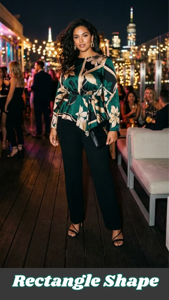A woman standing on a rooftop at night modeling the Rectangle Shape: Peplum Top + Straight-Leg Pants formula for spring outfits 2026 trends. She wears a long-sleeved peplum blouse in a bold dark green floral print, designed to "create the illusion of curves" and an "hourglass silhouette." The top is paired with tailored black straight-leg pants, strappy black heels, and a black clutch bag. This look perfectly illustrates how a peplum hem "adds volume at the hips" to define the waist for a rectangle body shape.