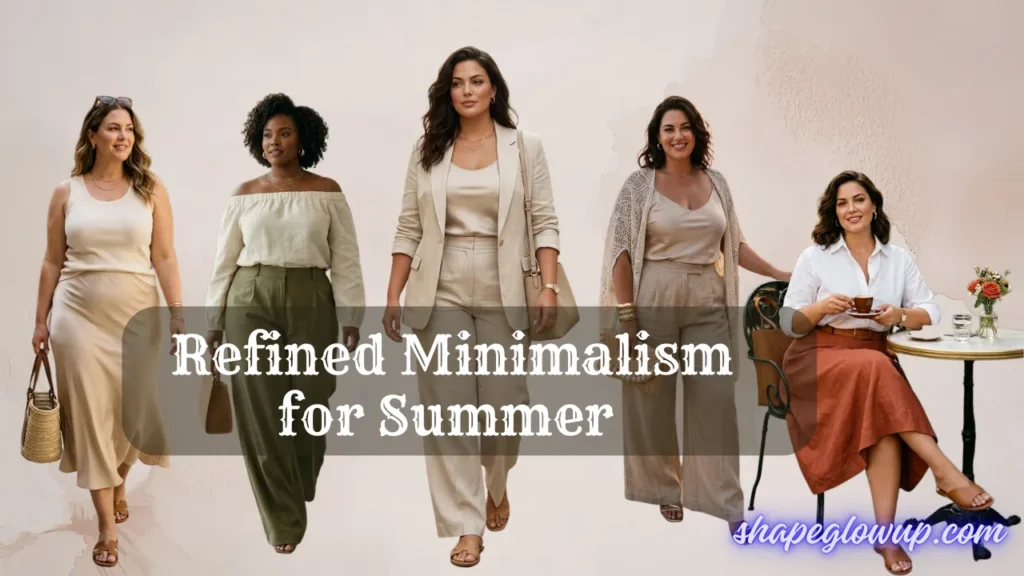 Five curved models showcasing minimalist summer fashion in neutral, olive, and terracotta shades, styled according to the article's outfit formulas. A central text overlay reads "Refined Minimalism for Summer," with the website "shapeglowup.com" in the bottom right corner.