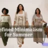 Five curved models showcasing minimalist summer fashion in neutral, olive, and terracotta shades, styled according to the article's outfit formulas. A central text overlay reads "Refined Minimalism for Summer," with the website "shapeglowup.com" in the bottom right corner.