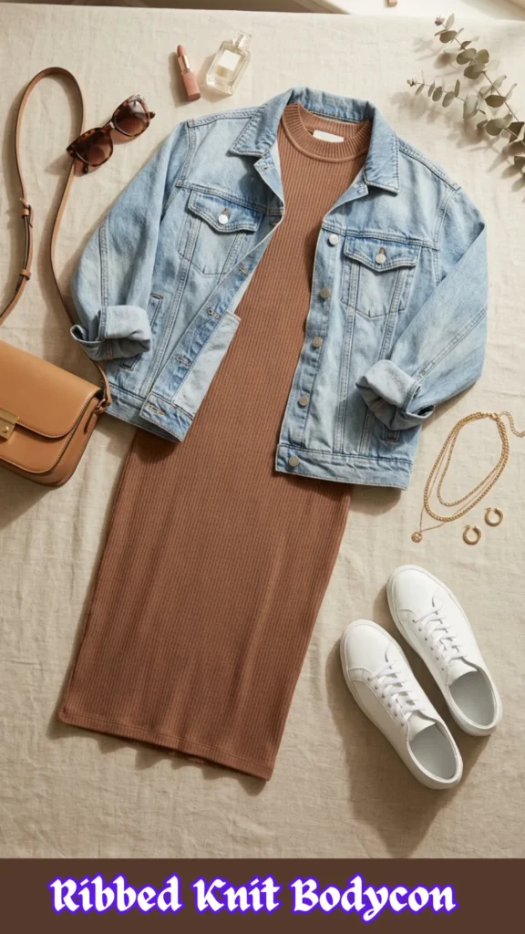 A flat lay fashion outfit layout displaying a daytime interpretation of a chic capsule wardrobe from Ribbed Knit Bodycon 2.webp. Arranged on a neutral linen background, the outfit features a fitted, sleeveless brown ribbed knit bodycon midi dress layered under an open, relaxed light-wash blue denim jacket with cuffed sleeves. Styled next to the clothes are clean white sneakers, a tan leather crossbody bag, tortoiseshell sunglasses, layered gold necklaces, gold hoop earrings, a small perfume bottle, and a tube of lipstick, highlighting a relaxed and approachable everyday outfit combo.