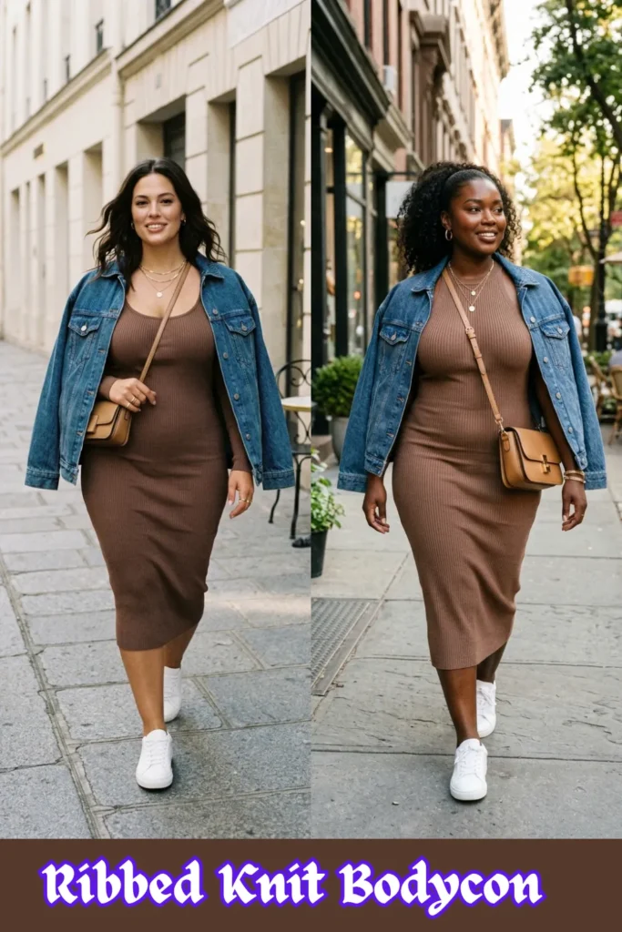 A two-panel vertical collage featuring women confidently walking down a city sidewalk, modeling a Ribbed Knit Bodycon + Denim Jacket ensemble. Both panels display a woman wearing a fitted, brown ribbed knit bodycon midi dress under a relaxed blue denim jacket draped casually over her shoulders. The look is styled with clean white sneakers, a tan leather crossbody bag, and layered gold necklaces. This visual from Ribbed Knit Bodycon.webp highlights body-positive outfit inspiration that balances curves perfectly for a casual daytime look.