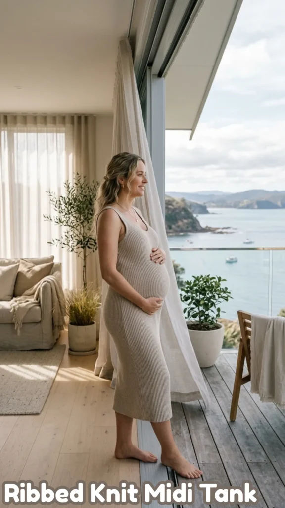 A smiling pregnant woman stands on a balcony overlooking a coastal view, modeling the Ribbed Knit Midi Tank Dress. She wears a sleeveless "ribbed knit midi tank dress in a neutral oatmeal color" that "stretches with her bump" while providing a "comfortable pregnancy outfit" silhouette. Standing barefoot in a bright, modern living space, she demonstrates why this "one-and-done" dress is a wardrobe staple. This image from Ribbed Knit Midi Tank.webp illustrates the ultimate in "comfortable pregnancy outfits" for working from home or relaxed spring days.