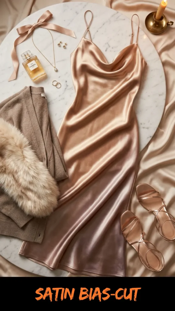 A high-end fashion flat lay composition on a round white marble table surface surrounded by draped champagne-colored silk fabric. The main item is a rose gold satin bias-cut slip midi dress with a cowl neckline and thin spaghetti straps. It is styled with a taupe knit cardigan paired with a fluffy beige faux fur stole, rose gold strappy high-heel sandals, a bottle of luxury perfume, a delicate gold pendant necklace, matching gold stud earrings, two gold rings, a satin pink bow ribbon, and a lit brass candle. Orange text at the bottom reads "SATIN BIAS-CUT".