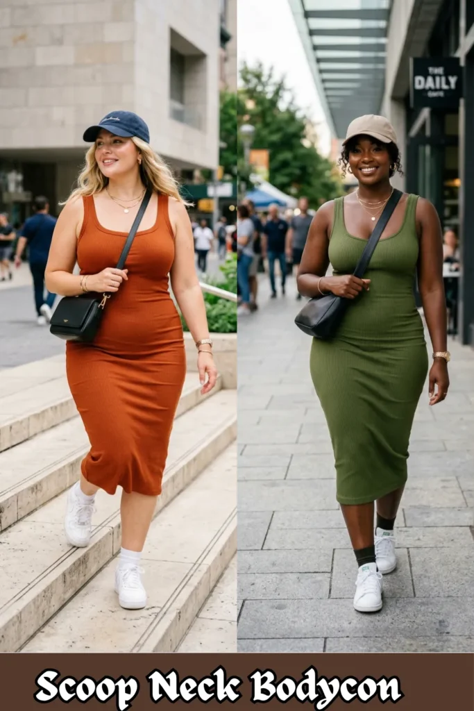 A two-panel vertical collage displaying women confidently modeling an athleisure-chic street style look from _Scoop Neck Bodycon 2.webp. The left panel features a woman walking down outdoor concrete steps wearing a rust orange scoop neck bodycon midi dress paired with a navy blue baseball cap and white crew socks. The right panel features a black woman walking along a city sidewalk wearing an olive green scoop neck bodycon midi dress paired with a beige baseball cap. Both looks are styled with white sneakers, a black leather crossbody bag, and delicate gold jewelry, showcasing perfect inspiration for travel days or a farmers' market.