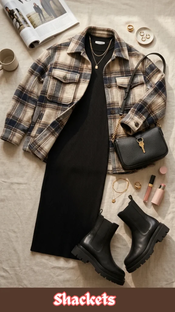 A high-angle flat lay fashion layout showcasing a trendy autumn capsule wardrobe from Shackets 1.webp. Arranged on a neutral linen background, the outfit features a sleek black ribbed bodycon dress styled beneath an open, oversized plaid shacket (shirt jacket) in neutral tan, cream, and navy blue tones. The look is paired with black leather lug sole Chelsea boots, a textured black leather crossbody shoulder bag with gold hardware, layered gold pendant necklaces, and delicate gold rings. Everyday beauty essentials like lip gloss and a pink perfume bottle complete this comfortable, on-trend style blueprint.