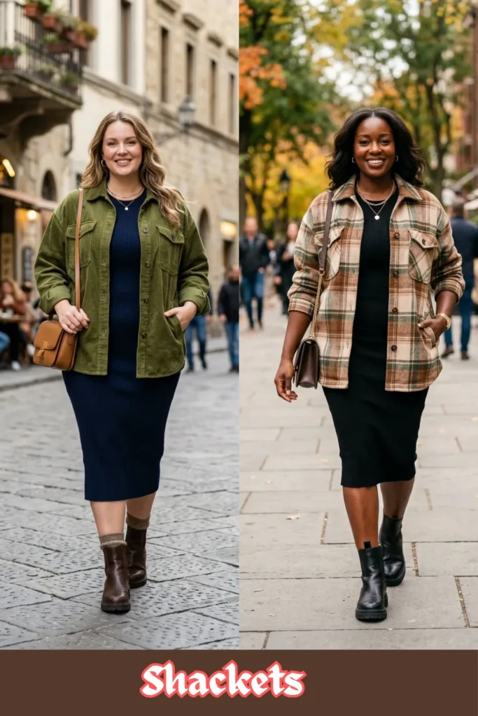 A two-panel vertical collage displaying cozy, on-trend autumn street style inspiration from Shackets 2.webp. The left panel showcases a woman smiling on a stone city street wearing a navy blue ribbed tank bodycon dress layered with an open, oversized olive green corduroy shacket (shirt jacket), paired with brown lug sole boots. The right panel features a black woman walking along a city sidewalk wearing a black ribbed bodycon dress under an open plaid shacket in shades of brown, tan, and green, styled with black leather boots. Both casual looks show how a loose shirt jacket adds pockets and an effortless outdoorsy vibe for every body type.