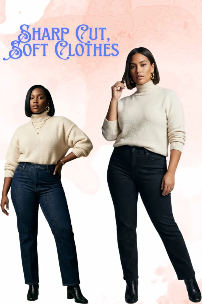 A fashion collage on a soft pink-toned textured background showcasing the "Sharp Cut, Soft Clothes" aesthetic for blunt bob haircuts. It features two women modeling the same styling formula. The woman on the left poses with a hand on her hip, sporting a sharp, chin-length blunt bob, layered gold necklaces, gold hoop earrings, a cozy cream knit turtleneck sweater, high-waisted dark blue straight-leg jeans, and black leather boots. The woman on the right walks forward, modeling a similar jaw-length blunt bob tucked slightly behind one ear, styled with chunkier gold hoop earrings, the same cream turtleneck, black high-waisted jeans, and black boots. At the top left, stylized blue script text reads "Sharp Cut, Soft Clothes."